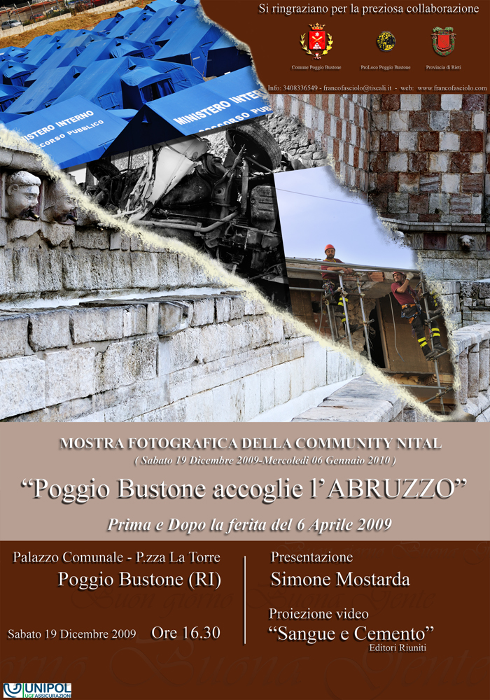 Locandina Mostra Fotografica a Poggio Bustone accoglie L'Abruzzo di Franco Fasciolo Terremota 6 Aprile